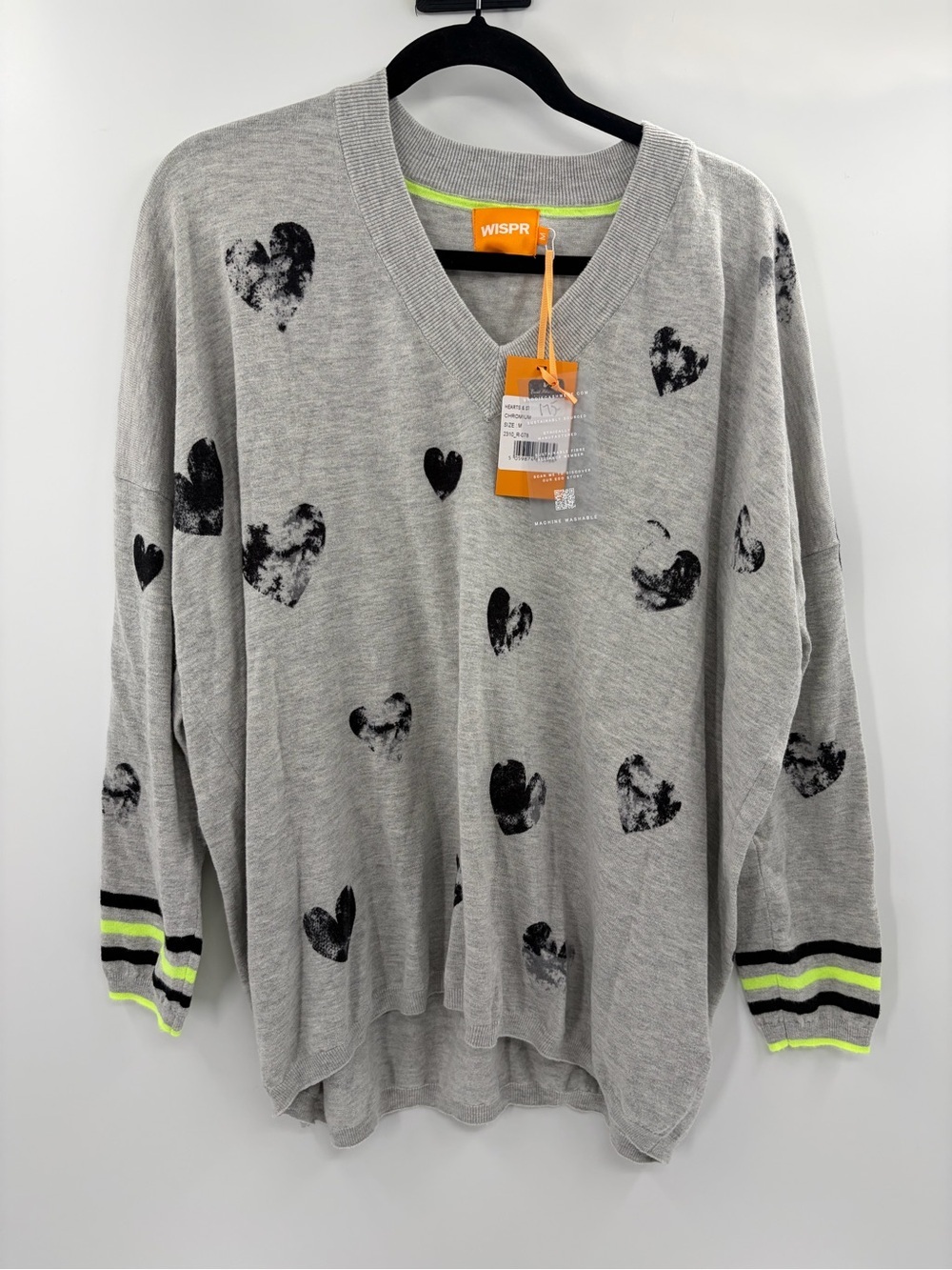 Brodie cashmere wispr grey v-neck hearts & striped sweater size medium NWT
